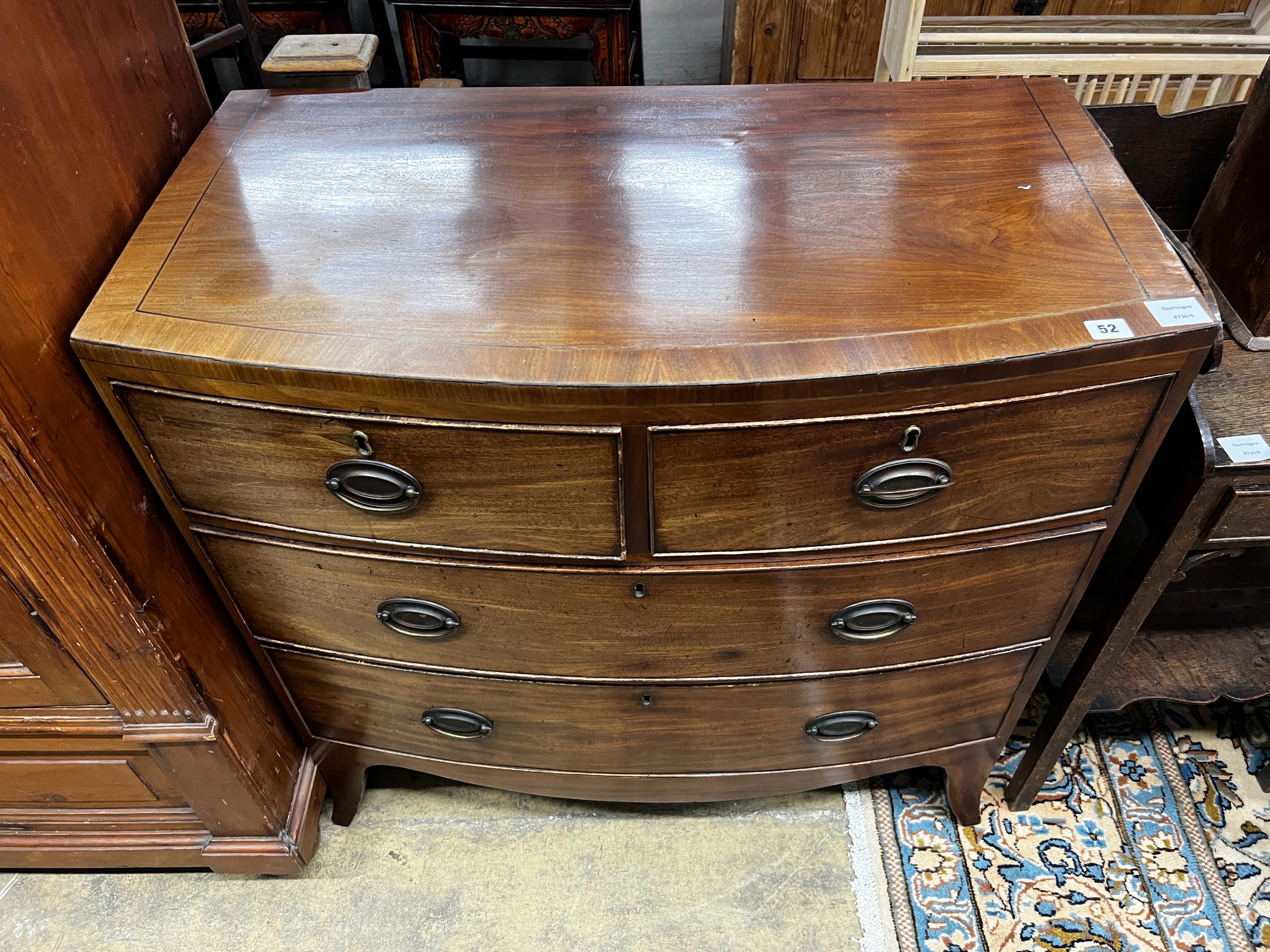 A Regency mahogany four drawer bowfront chest, width 91cm, depth 48cm, height 90cm